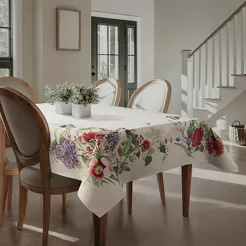 Obrus gobelinowy 140x180 SPRING naturalny czerwony z nadrukiem letnich kwiatów i motyli