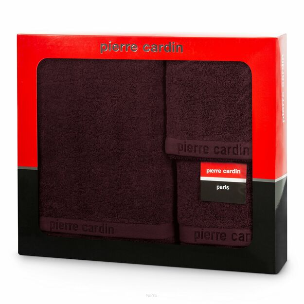 Komplet ręczników EVI Pierre Cardin ciemny burgund zdobione bordiurą w kolorze ręcznika z logo marki z kolekcji Premium