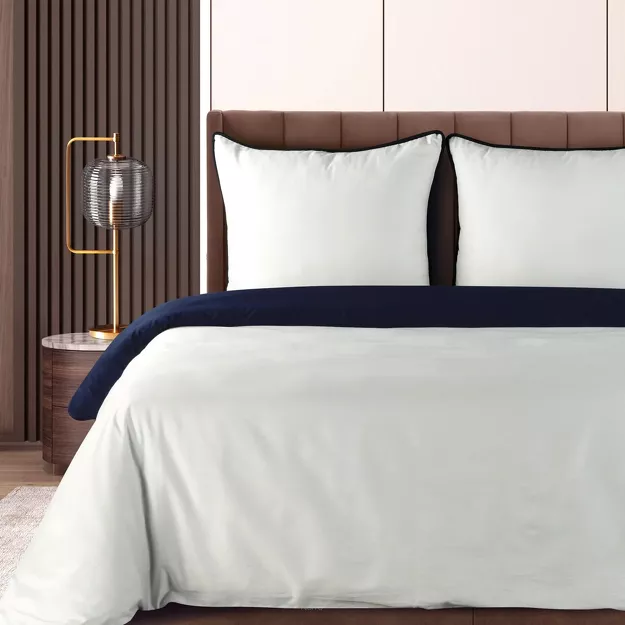 Pościel z makosatyny 160x200 LUNARA biała granatowa z ozdobnym sznurem pasmanteryjnym