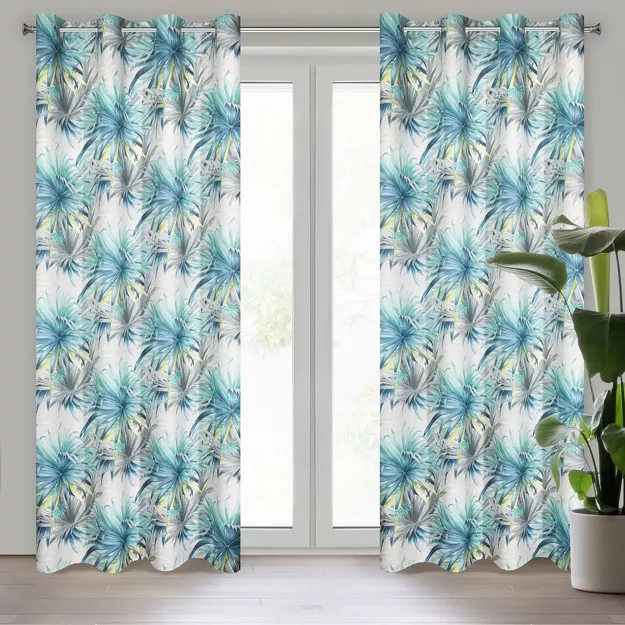 Zasłona na przelotkach 140x250 INGRID zaciemniająca stalowa z nadrukiem egzotycznych niebieskich liści