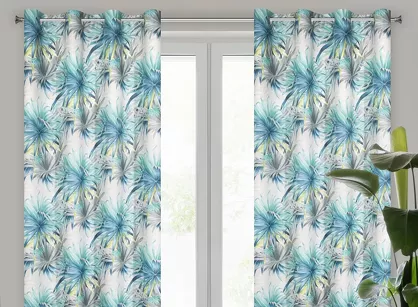 Zasłona na przelotkach 140x250 INGRID zaciemniająca stalowa z nadrukiem egzotycznych niebieskich liści