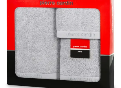 Komplet ręczników EVI Pierre Cardin srebrne zdobione bordiurą w kolorze ręcznika z logo marki z kolekcji Premium