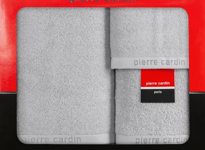 Komplet ręczników EVI Pierre Cardin srebrne zdobione bordiurą w kolorze ręcznika z logo marki z kolekcji Premium