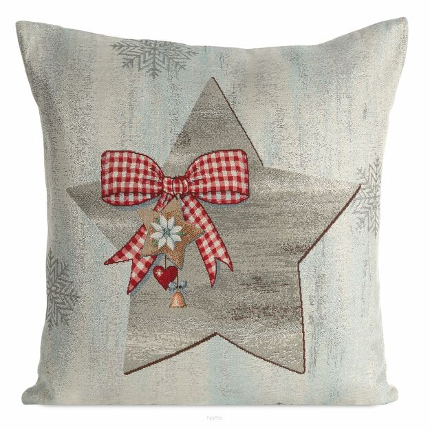 Poszewka świąteczna 45x45 4067 gobelinowa popielata z czerwonymi kokardkami i połyskującą srebrną nicią