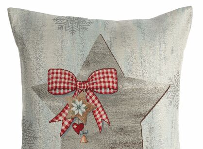 Poszewka świąteczna 45x45 4067 gobelinowa popielata z czerwonymi kokardkami i połyskującą srebrną nicią