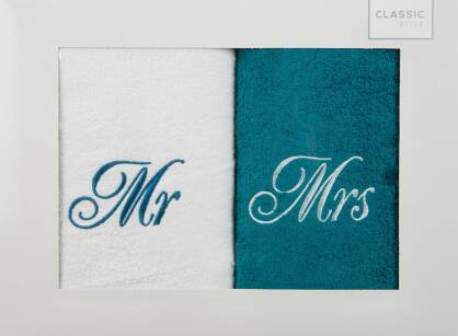 Komplet ręczników  2x50x90 MR MRS białe ciemny turkus 