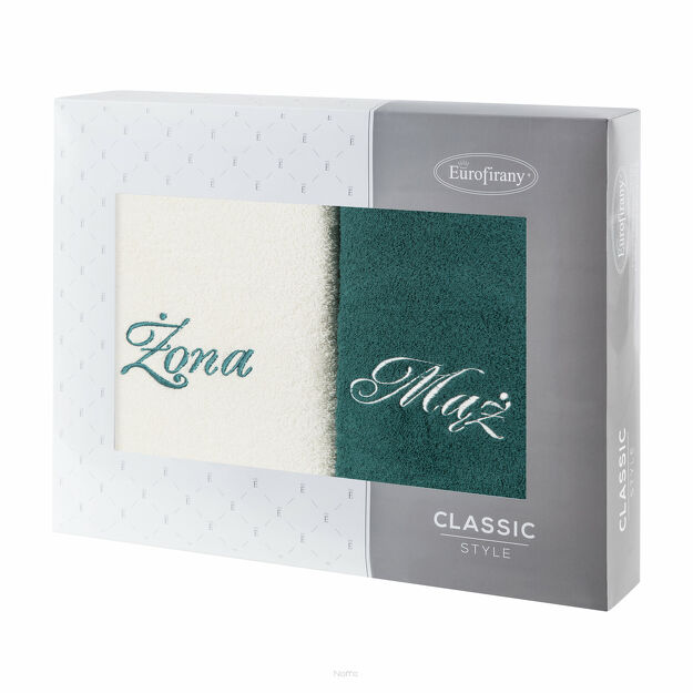 Komplet Ręczników 2x70x140 MĄŻ ŻONA kremowe ciemna zieleń