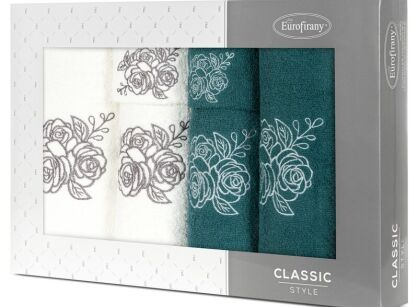 Komplet ręczników 6 szt. ROSALIA ciemna zieleń kremowe z haftowanym wzorem różyczek w kartonowym pudełku