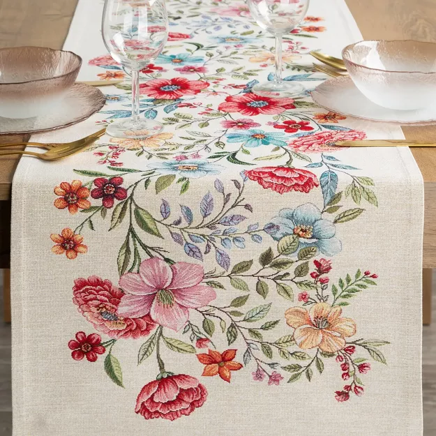 Bieżnik gobelinowy 45x140 1413 naturalny z nadrukiem kolorowych kwiatów