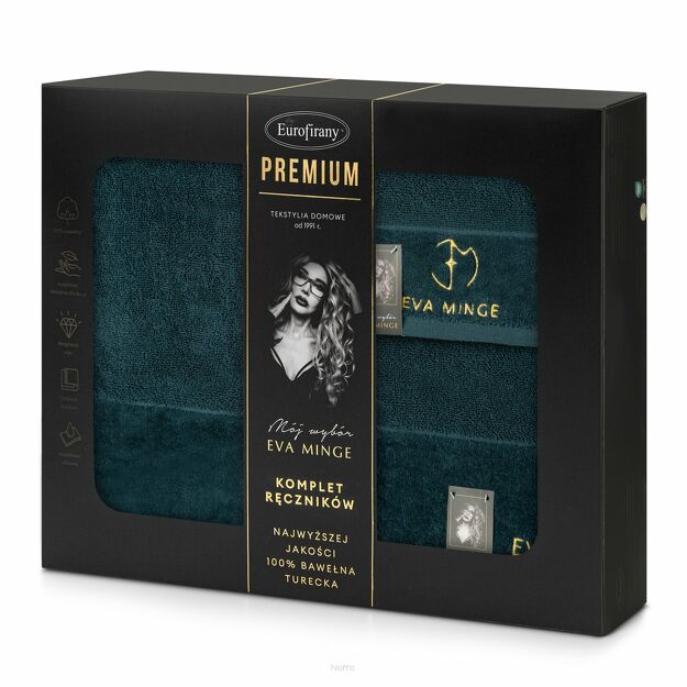 Komplet Ręczników GAJA 3 Eva Minge ciemna zieleń z welwetową bordiurą sygnowaną logo projektantki