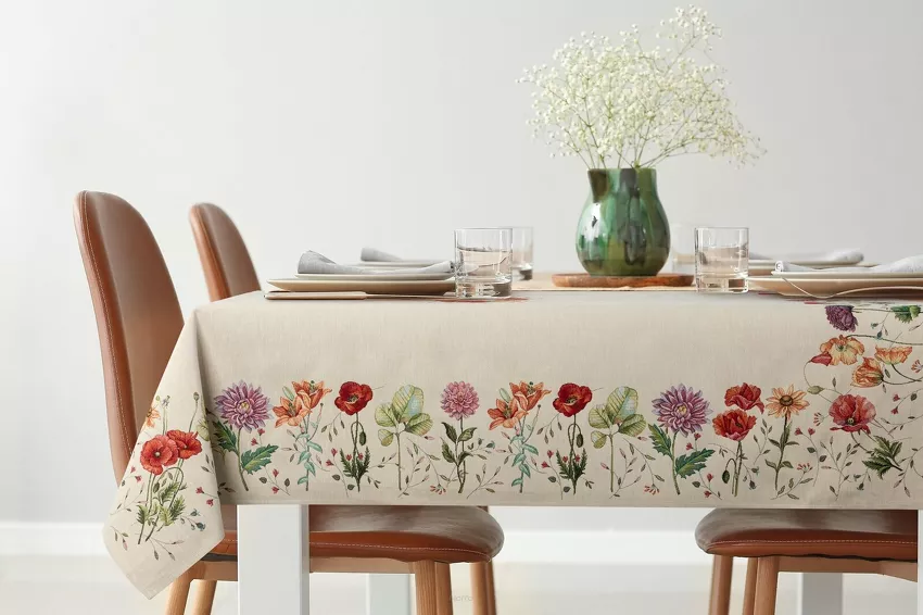 Obrus gobelinowy 140x180 1239 naturalny z wzorem kwiatów polnych