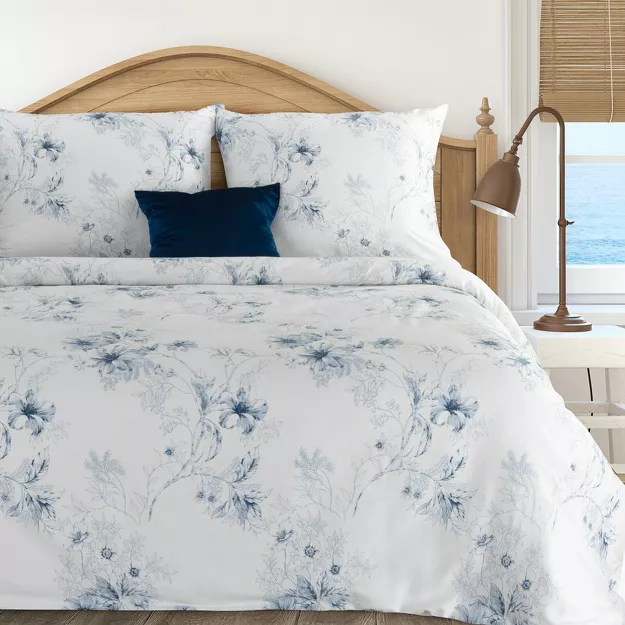 Pościel satynowa 140x200 SPRING 93 biała niebieska z wzorem roślinnym z kolekcji Classic