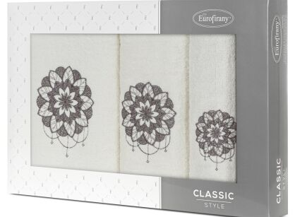 Komplet ręczników 3 szt. LOTUS kremowe z haftowanym grafitowym wzorem kwiatu lotosu w kartonowym pudełku