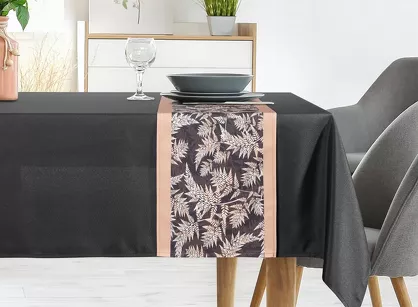 Obrus 140x260 z bieżnikiem 33x260 ANITA 1 czarny z wzorem paproci