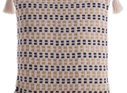 Poszewka płócienna 45x45 BOHO 9B kremowa granatowa z ozdobnymi chwostami