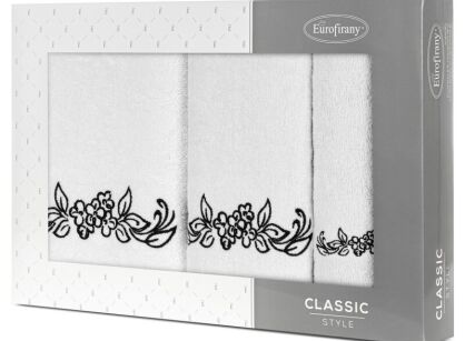Komplet ręczników 3 szt. CLAVIA białe z haftowanym czarnym wzorem roślinnym w kartonowym pudełku