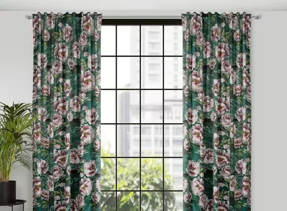 Zasłona na taśmie 140x270 PALMERA zielona z wzorem różowych kwiatów efekt 3D