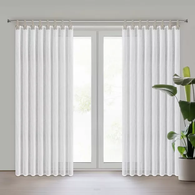 Firana na szelkach 140x250 MELISA biała z matowej etaminy zdobiona beżowymi kokardkami