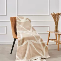 Koc bawełniany 150x200 2136-2 biały beżowy fale wykończony szydełkiem