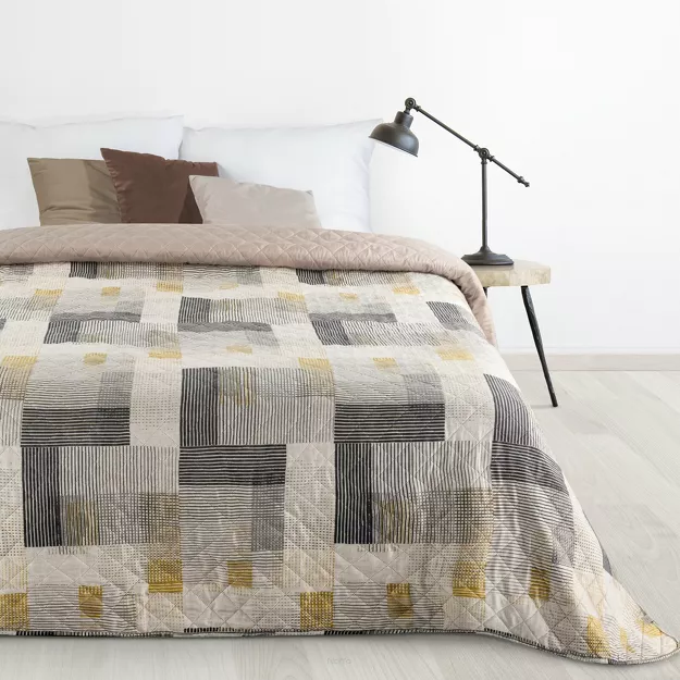 Narzuta pikowana 200x220 GEO 3 kremowa szara z wzorem geometrycznym z kolekcji Design 91