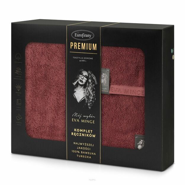 Komplet Ręczników VENUS Eva Minge ceglane zdobione bordiurą w kolorze ręcznika z napisami projektantki z kolekcji Premium 550 g/m2