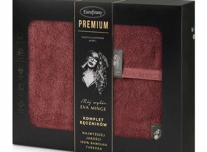 Komplet ręczników VENUS Eva Minge ceglane zdobione bordiurą w kolorze ręcznika z napisami projektantki z kolekcji Premium