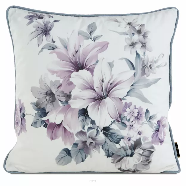 Poszewka welwetowa 45x45 VELVET 5 kremowa z designerskim fioletowym wzorem kwiatów obszyta lamówką