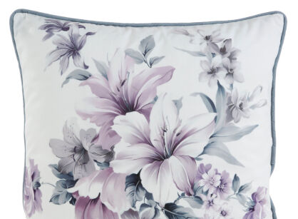 Poszewka welwetowa 45x45 VELVET 5 kremowa z designerskim fioletowym wzorem kwiatów obszyta lamówką