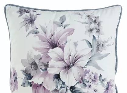 Poszewka welwetowa 45x45 VELVET 5 kremowa z designerskim fioletowym wzorem kwiatów obszyta lamówką
