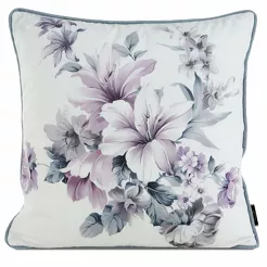 Poszewka welwetowa 45x45 VELVET 5 kremowa z designerskim fioletowym wzorem kwiatów obszyta lamówką