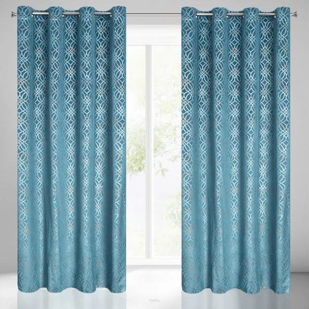 Zasłona na przelotkach 140x250 ARETA welwetowa ciemny niebieski ze srebrno złotym nadrukiem w stylu boho