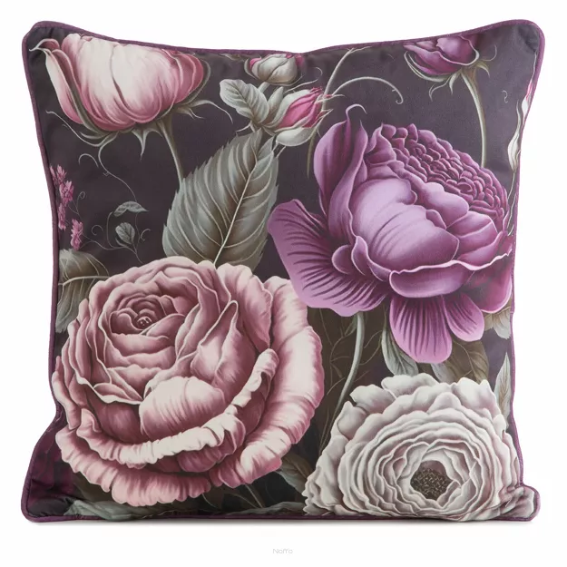 Poszewka welwetowa 45x45 VELVET 119 fioletowa z designerskim wzorem kwiatów piwonii obszyta lamówką