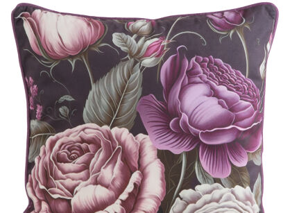 Poszewka welwetowa 45x45 VELVET 119 fioletowa z designerskim wzorem kwiatów piwonii obszyta lamówką