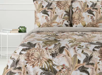 Pościel satynowa 220x200 SPRING 17 beżowa z wzorem egzotycznych liści z kolekcji Classic