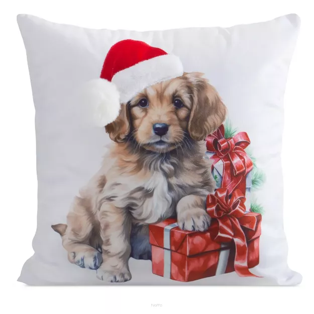 Poszewka świąteczna 45x45 214 welwetowa biała czerwona z pieskiem świątecznym