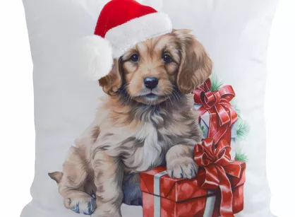 Poszewka świąteczna 45x45 214 welwetowa biała czerwona z pieskiem świątecznym