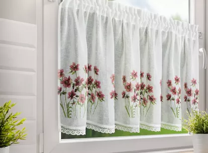 Zazdrostka gotowa w tunelu 150x60 ISA biała z etaminy zdobiona koronką z nadrukiem kwiatowym