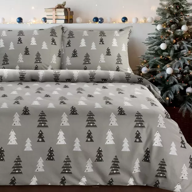 Pościel świąteczna 140x200 LENON stalowo biała wzór choinek z flaneli
