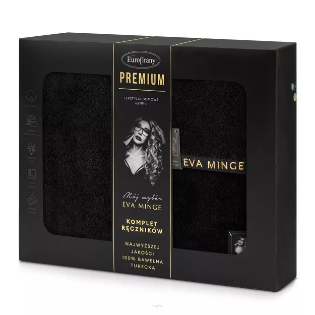 Komplet Ręczników VENUS Eva Minge czarne zdobione bordiurą w kolorze ręcznika z napisami projektantki z kolekcji Premium 550 g/m2