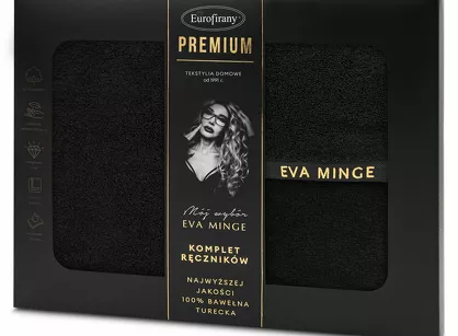 Komplet ręczników VENUS Eva Minge czarne zdobione bordiurą w kolorze ręcznika z napisami projektantki z kolekcji Premium