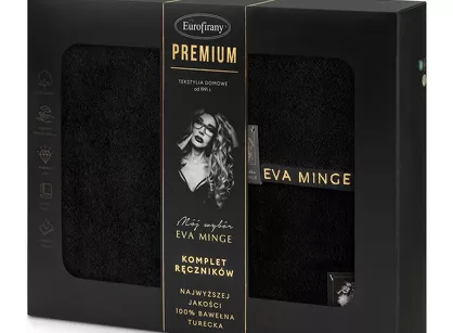 Komplet ręczników VENUS Eva Minge czarne zdobione bordiurą w kolorze ręcznika z napisami projektantki z kolekcji Premium