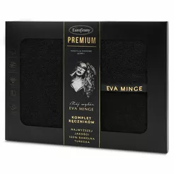 Komplet ręczników VENUS Eva Minge czarne zdobione bordiurą w kolorze ręcznika z napisami projektantki z kolekcji Premium