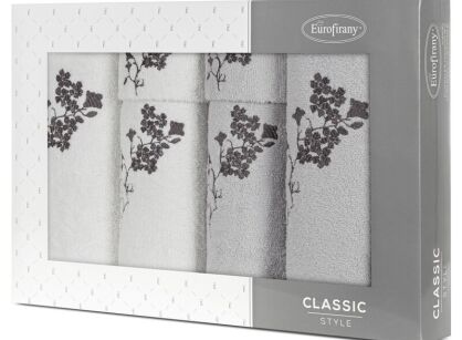 Komplet ręczników 6 szt. BLOSSOM białe z haftowanym srebrnym wzorem kwiatowym w kartonowym pudełku