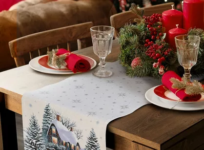 Bieżnik świąteczny 45x140 4051 gobelinowy naturalny z wzorem świątecznej scenerii