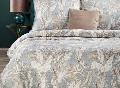 Pościel satynowa 180x200 NIKA 43 jasny szary z motywem roślinnym z kolekcji Nova Print