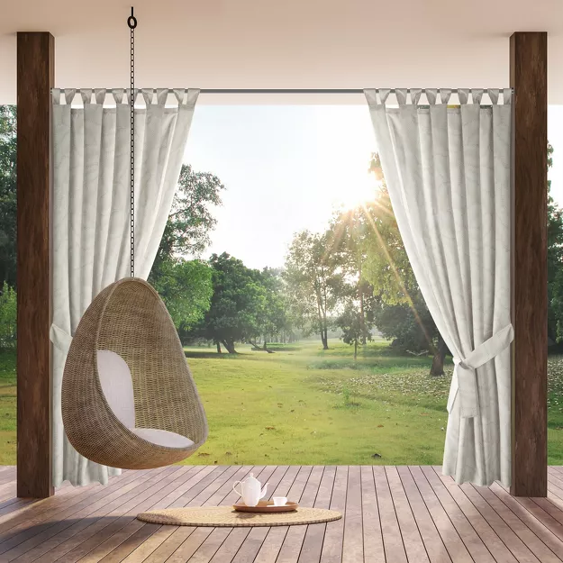 Zasłona na taras 155x240 GARDEN 3 biała na szelkach zapinanymi na rzepy wodoodporna subtelny wzór beżowych liści