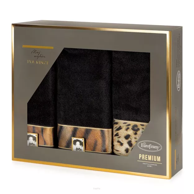 Komplet ręczników EVA 23 Eva Minge czarne z drukowaną bordiurą z wzorem zwierzęcym