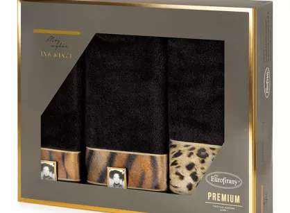 Komplet ręczników EVA 23 Eva Minge czarne z drukowaną bordiurą z wzorem zwierzęcym
