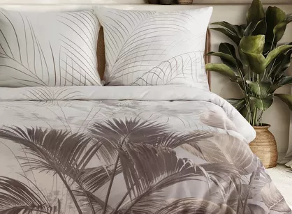 Pościel z satyny 140x200 PREMIUM 23 kremowa z wzorem egzotycznych ciemnobeżowych liści z kolekcji Premium