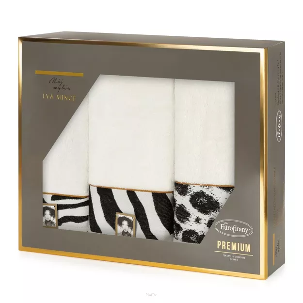 Komplet Ręczników EVA 22 Eva Minge kremowe z drukowaną bordiurą z wzorem zwierzęcym panterki 500 g/m2